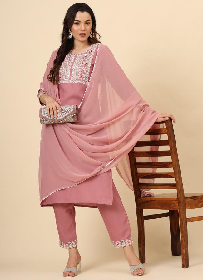 Cotton Pink Festival Wear Embroidery Work Readymade Kurti Set